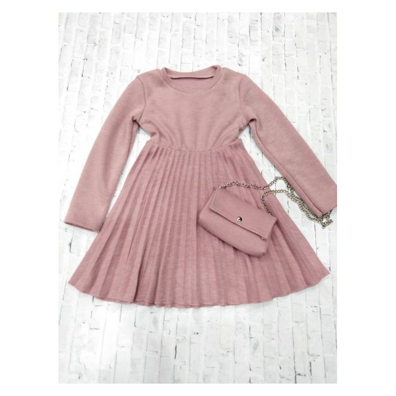 Haljina za djevojčice pletena plisirana sa torbicom roza Cijena