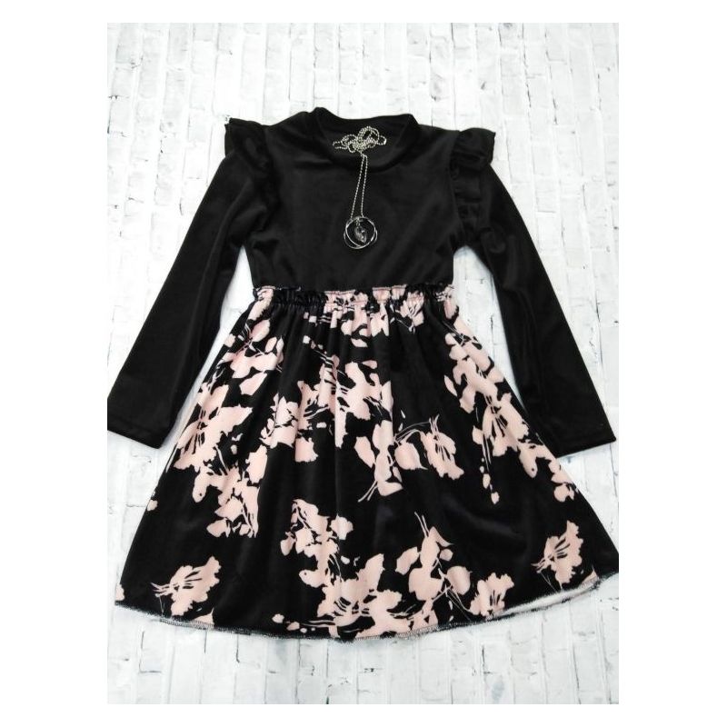 Haljina za djevojčice plišana crna rozi cvjetovi s ogrlicom Cijena